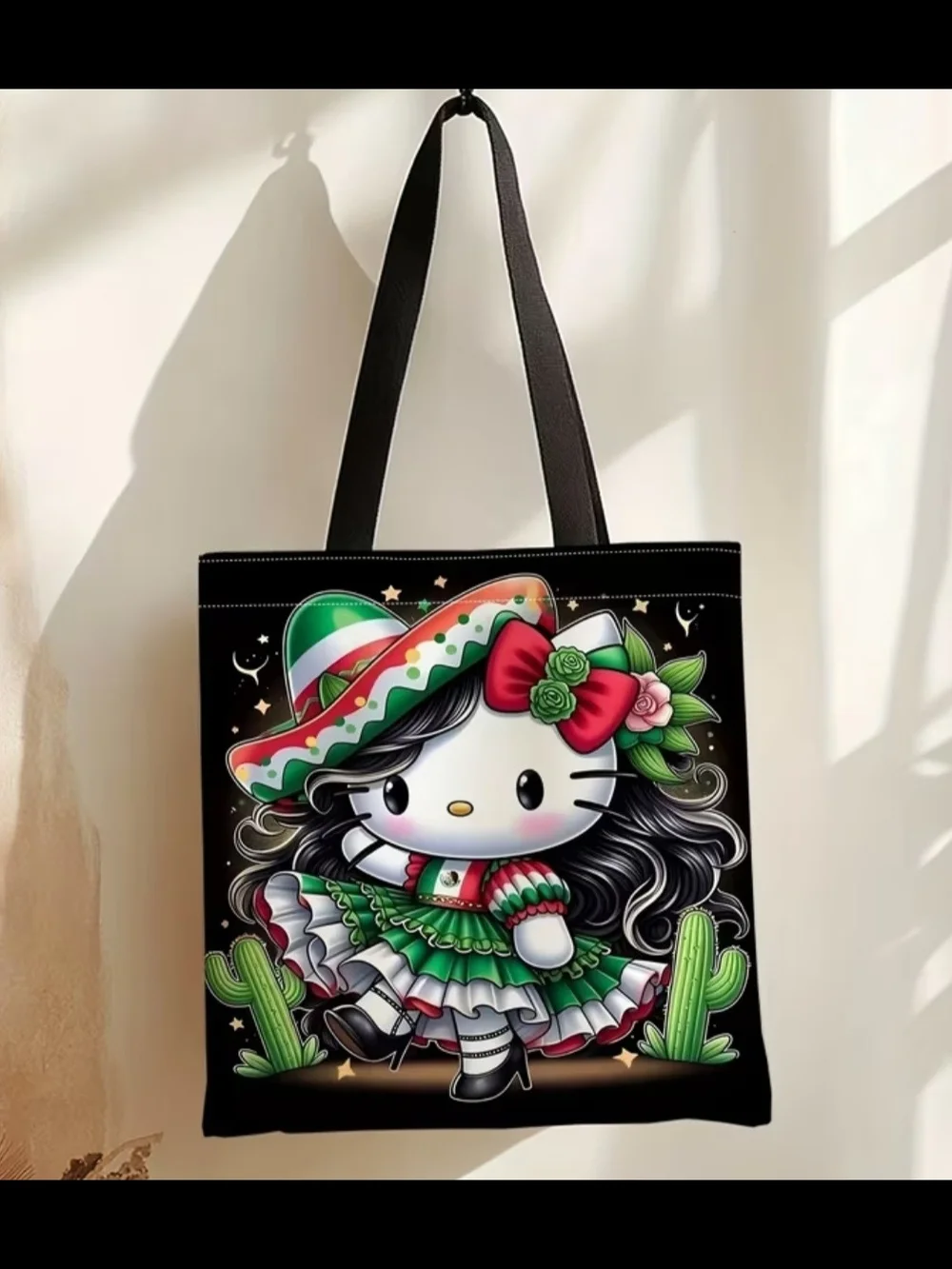 Hello Kitty Black Tote with Green and Red Fiesta Dress Print